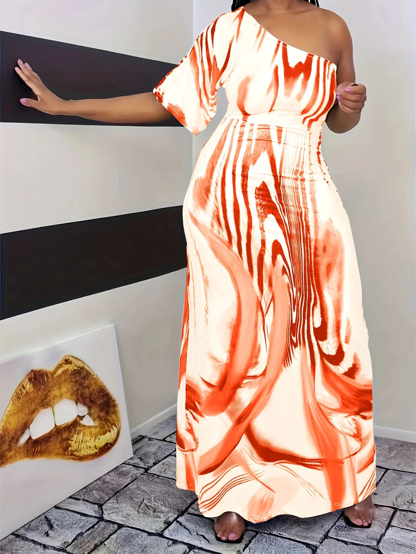 Plus Size Hot Selling European and American Casual Printed Single Sleeved Off Shoulder Dresses