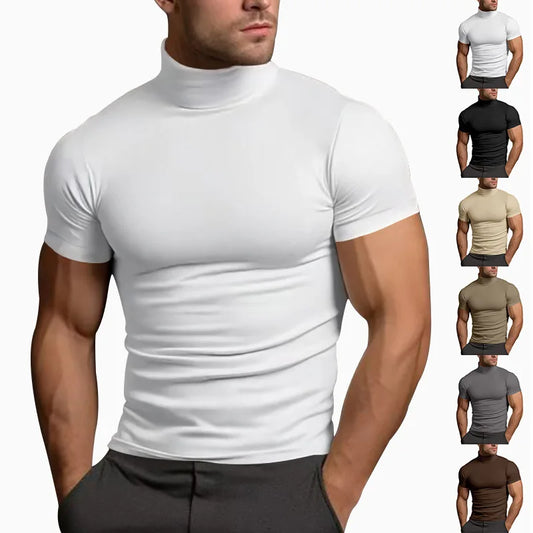 Cross-border Solid Color Short-Sleeved Fashion bottom Tight Turtleneck T-shirt