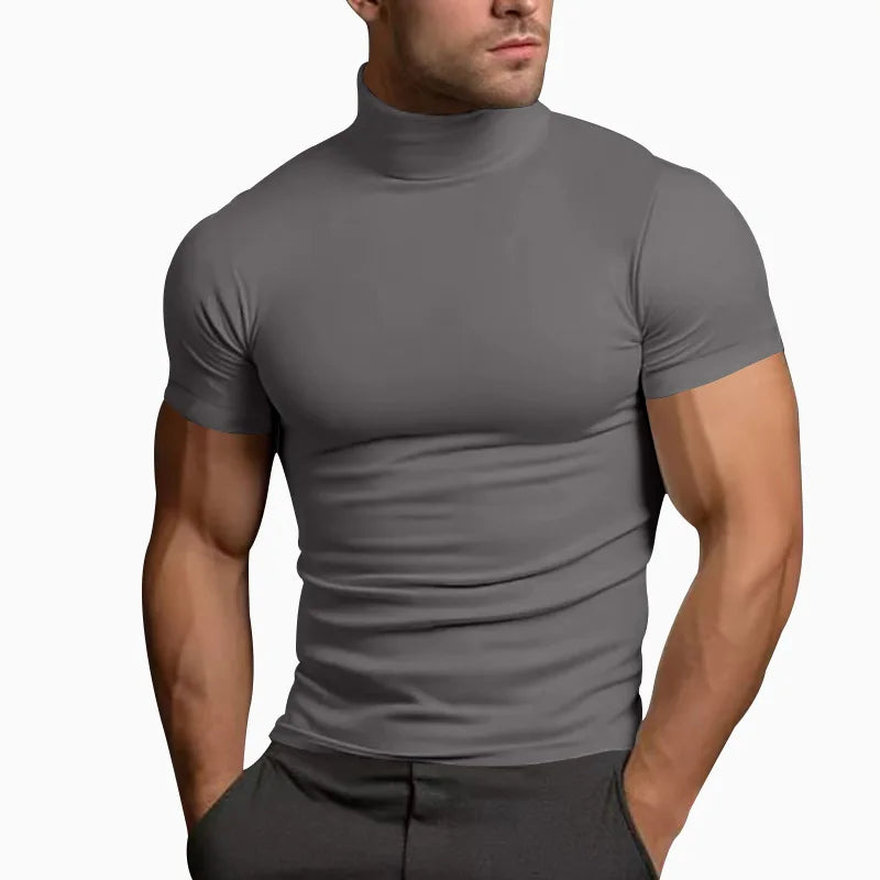 Cross-border Solid Color Short-Sleeved Fashion bottom Tight Turtleneck T-shirt