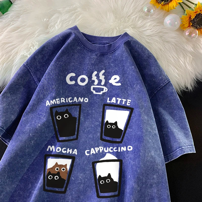 Retro Fashion Cat Cotton Loose Ft Couples Short Sleeve T-Shirt
