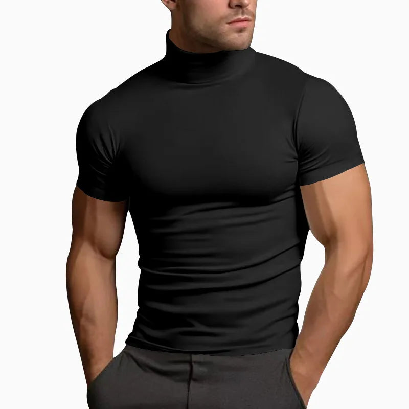 Cross-border Solid Color Short-Sleeved Fashion bottom Tight Turtleneck T-shirt