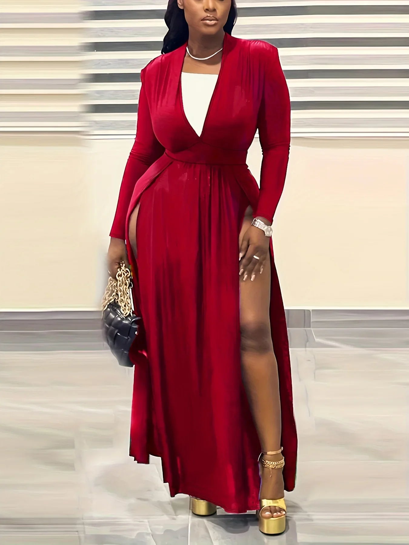 Plus Size Women Full Sleeve Evening Dresses Classic V-Neck Maxi Vestidos Night Club Split Party Long Dress