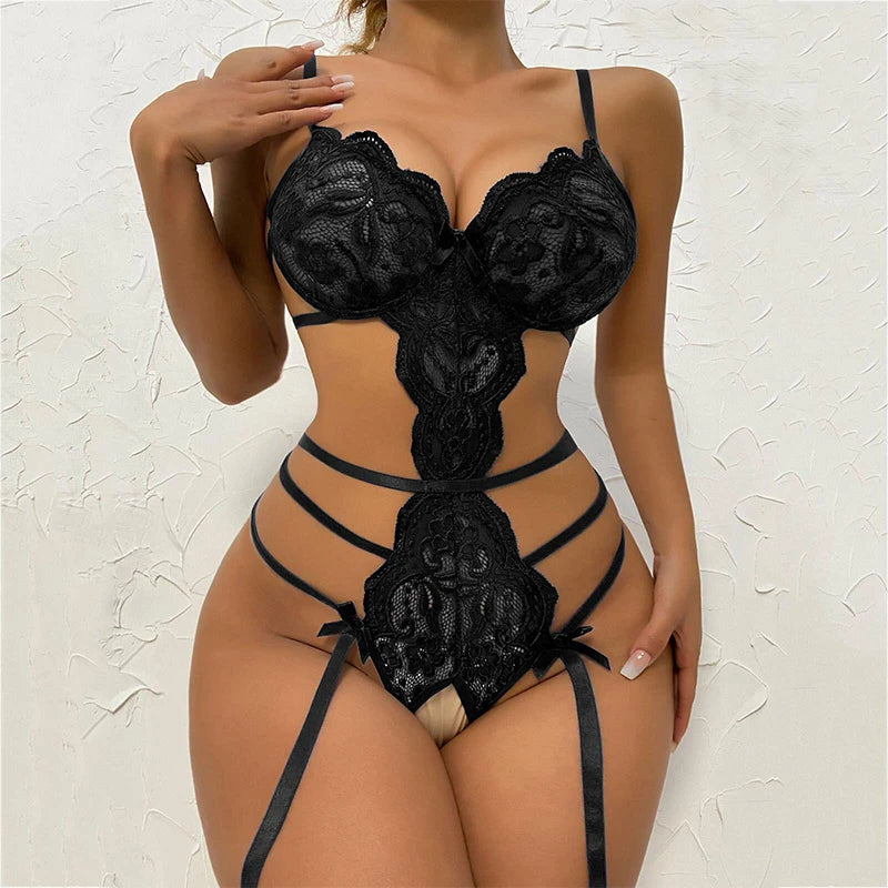 Lace Seamless Bodysuit Open Babydoll Deep V Open Bra Crotchless Garter Set Hot Women's See-Through Sexy Lingerie