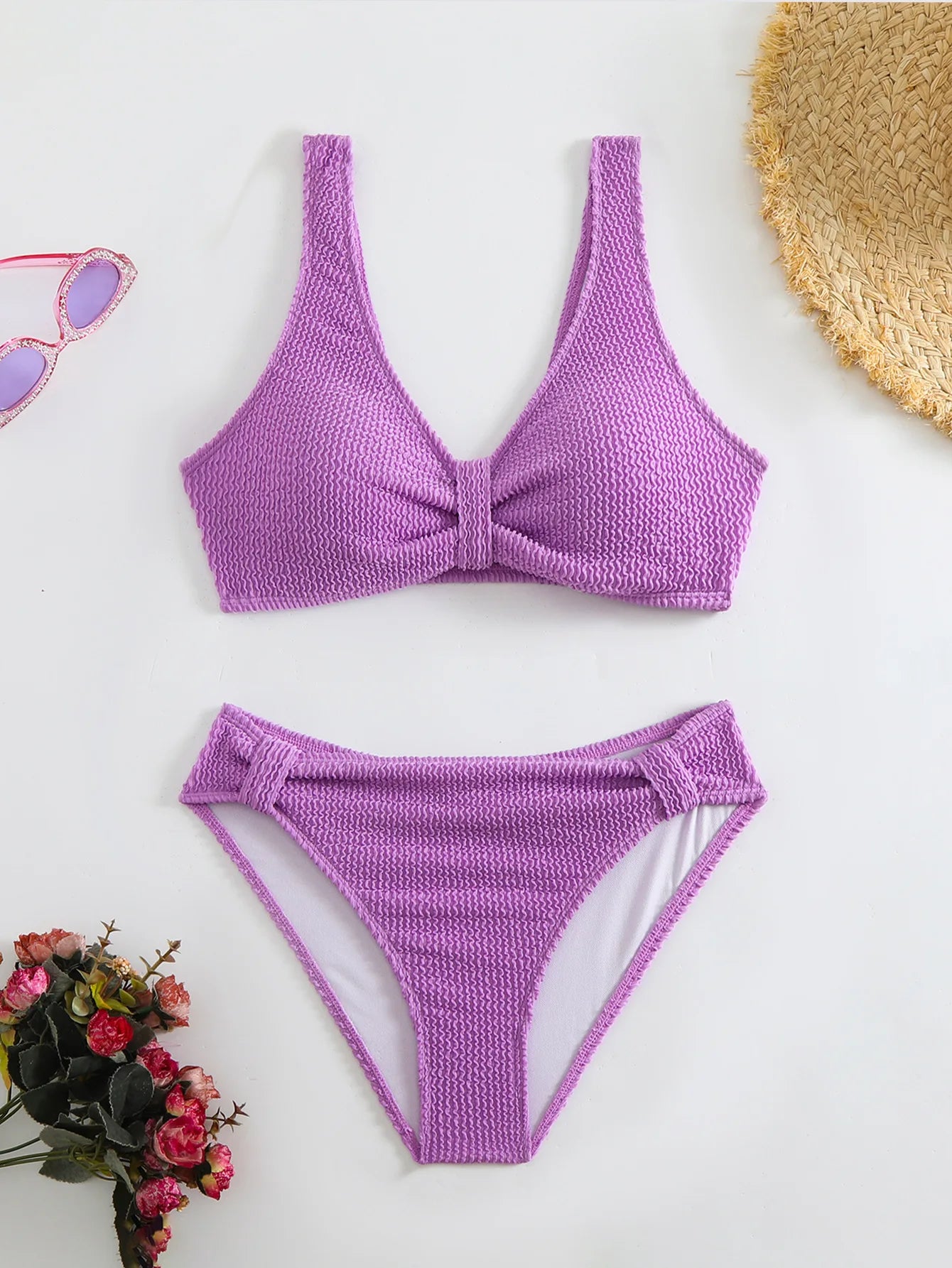 Women's 2PCS Swimsuit Solid Color High Waist Bikini Set V-Neck Backless Beachwear