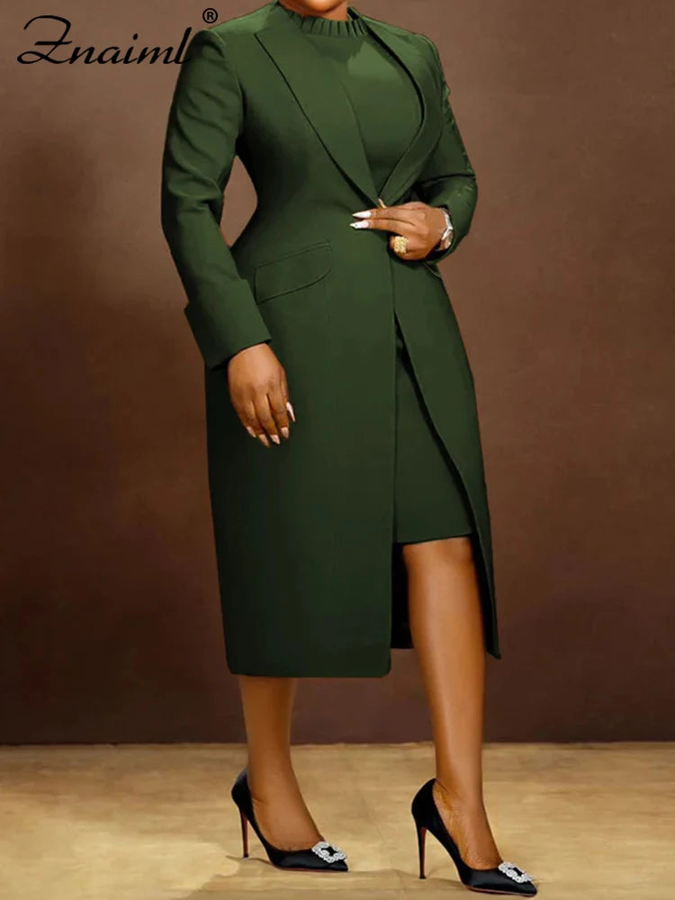 Elegant Lady Long Blazer with Dress 2PCS Office Fashionable Work Outfits