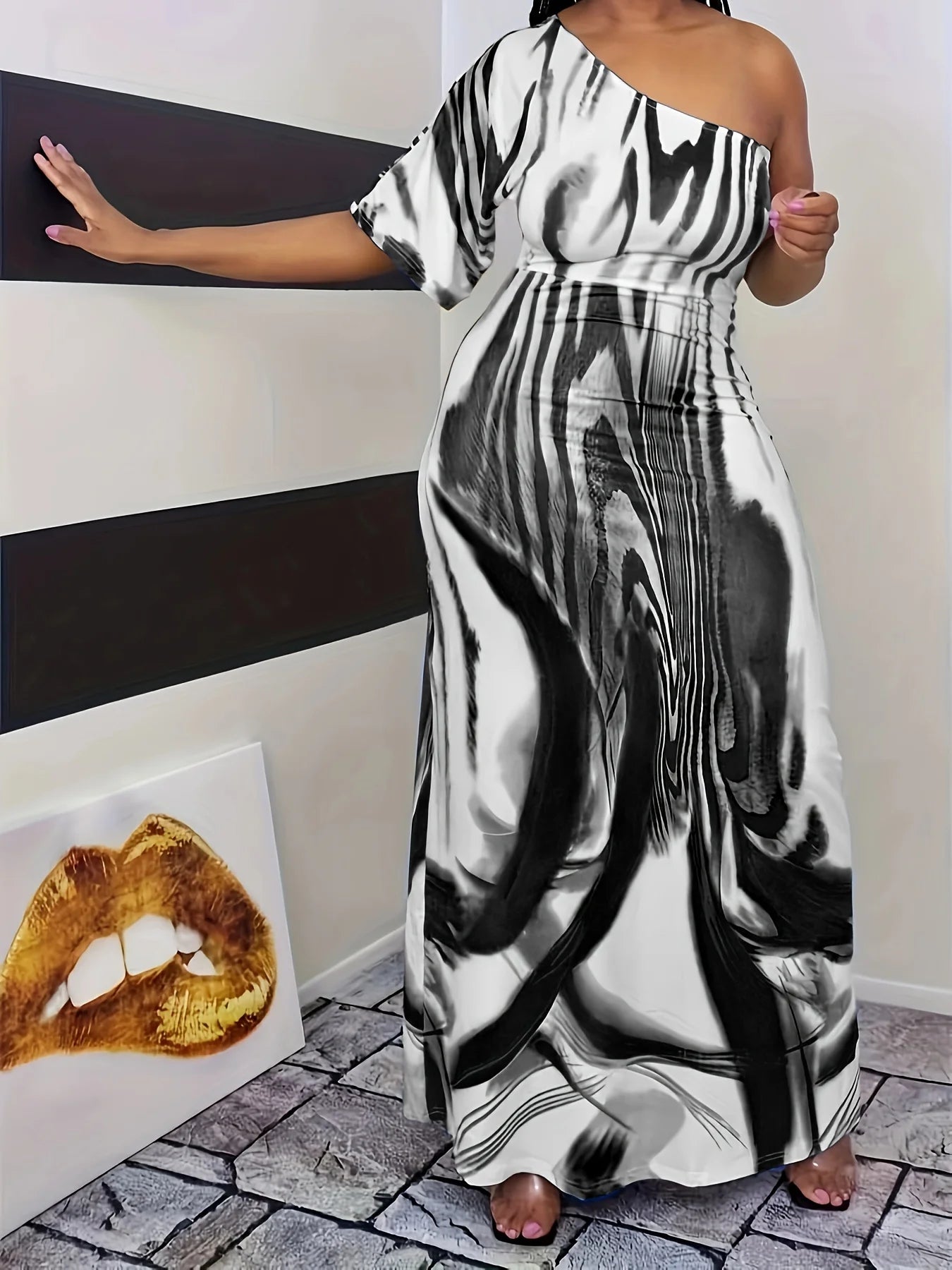 Plus Size Hot Selling European and American Casual Printed Single Sleeved Off Shoulder Dresses