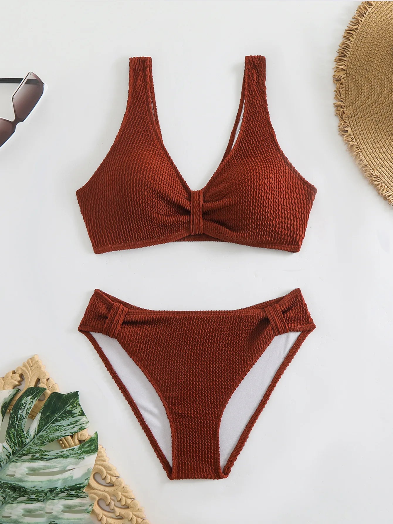 Women's 2PCS Swimsuit Solid Color High Waist Bikini Set V-Neck Backless Beachwear