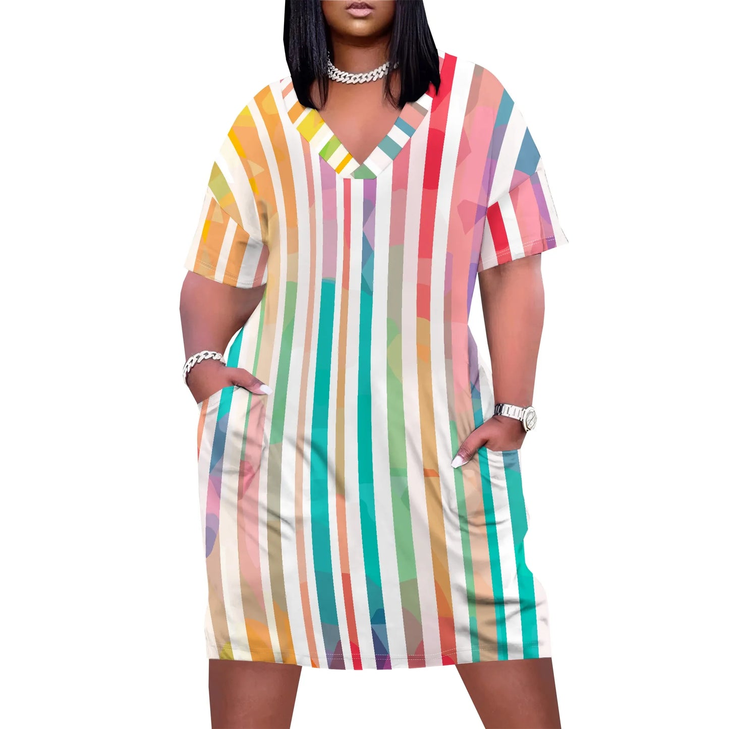 Plus Size Summer Dress for Curvy Women V Neck Short Sleeve Boho Beach T Shirt Dress