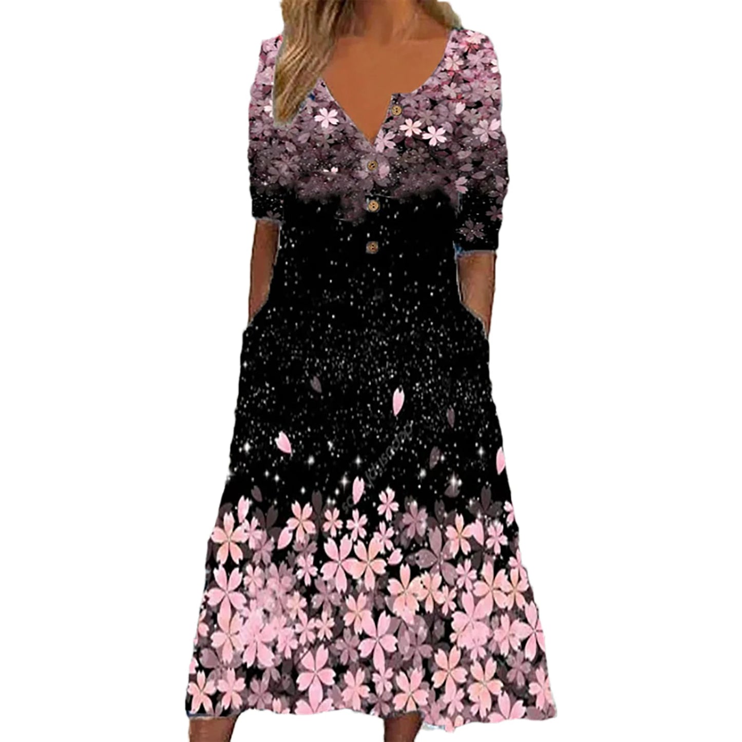 Europe and the United States Spring New Fashion Printed V-Neck Button Short Sleeve Plus Size Women's Size Women's Pocket