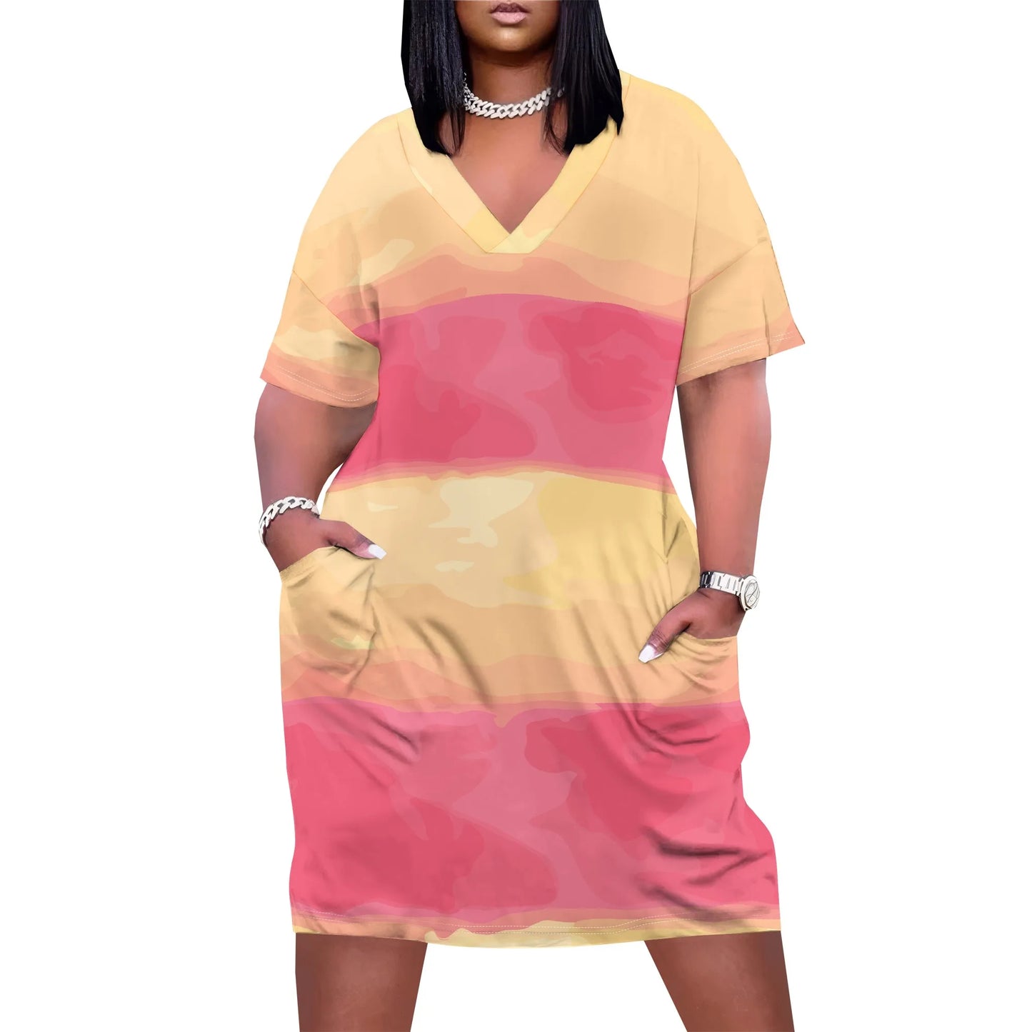 Plus Size Summer Dress for Curvy Women V Neck Short Sleeve Boho Beach T Shirt Dress