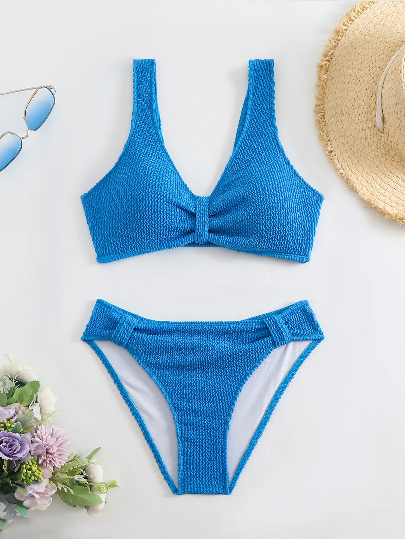 Women's 2PCS Swimsuit Solid Color High Waist Bikini Set V-Neck Backless Beachwear
