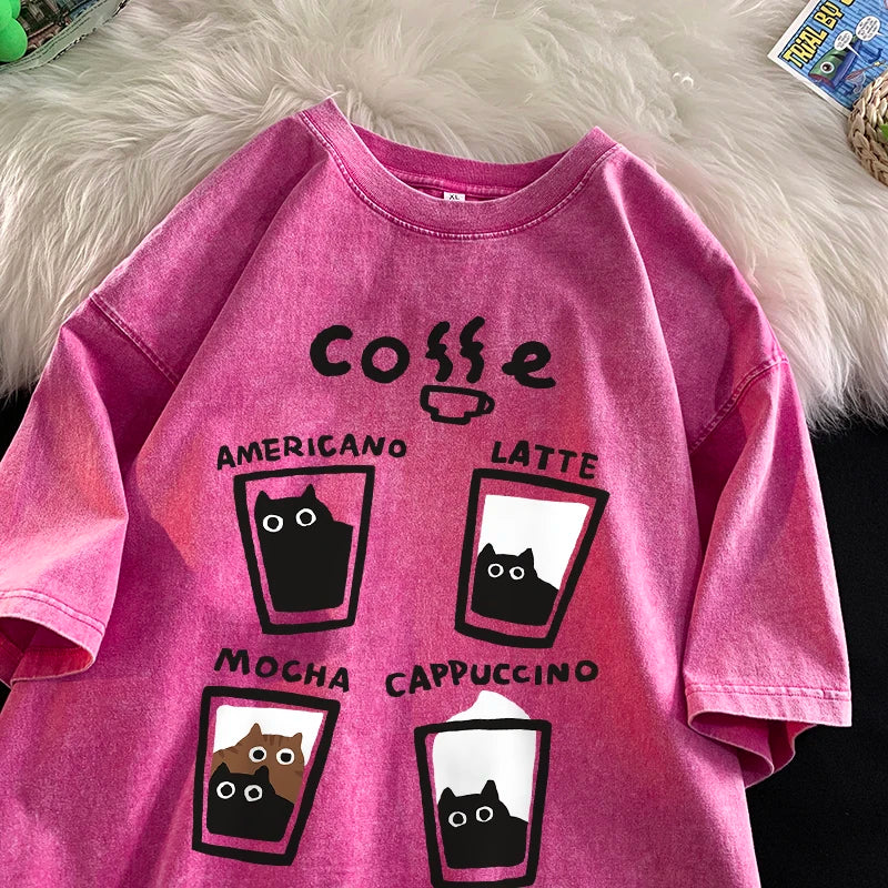 Retro Fashion Cat Cotton Loose Ft Couples Short Sleeve T-Shirt