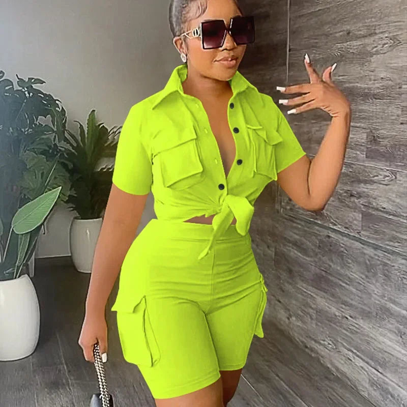 Women' Streetwear 2PCS Summer Outfit Pockets Short Sleeve Button-Up Shirt Top