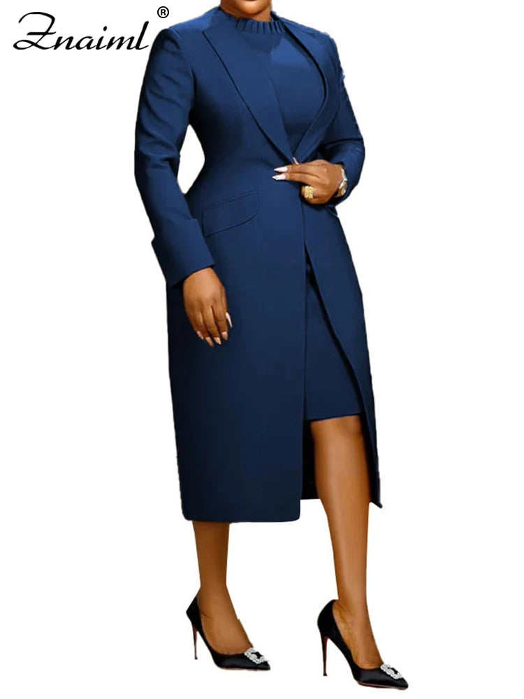 Elegant Lady Long Blazer with Dress 2PCS Office Fashionable Work Outfits