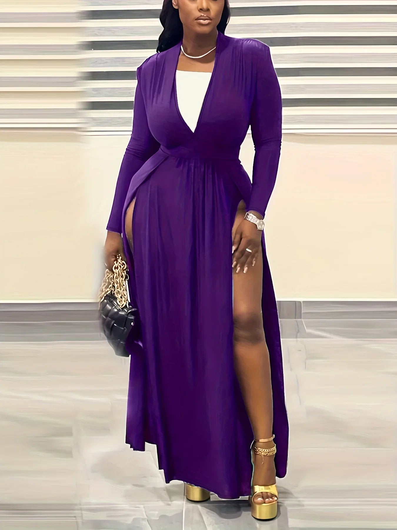 Plus Size Women Full Sleeve Evening Dresses Classic V-Neck Maxi Vestidos Night Club Split Party Long Dress