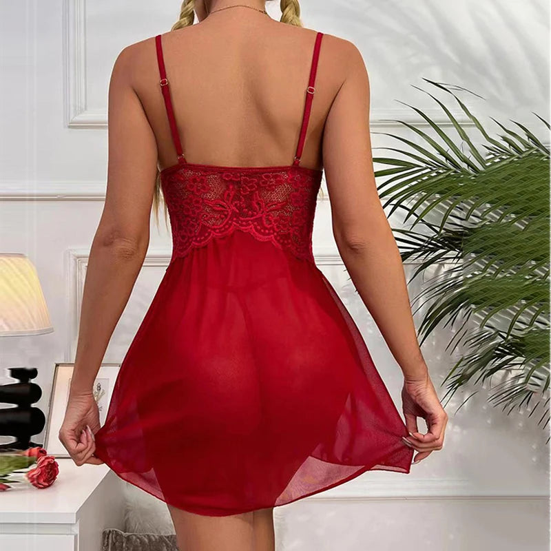 Women's Sexy Lingerie Solid Mesh Halter Bar Lace Patchwork Underwear Set