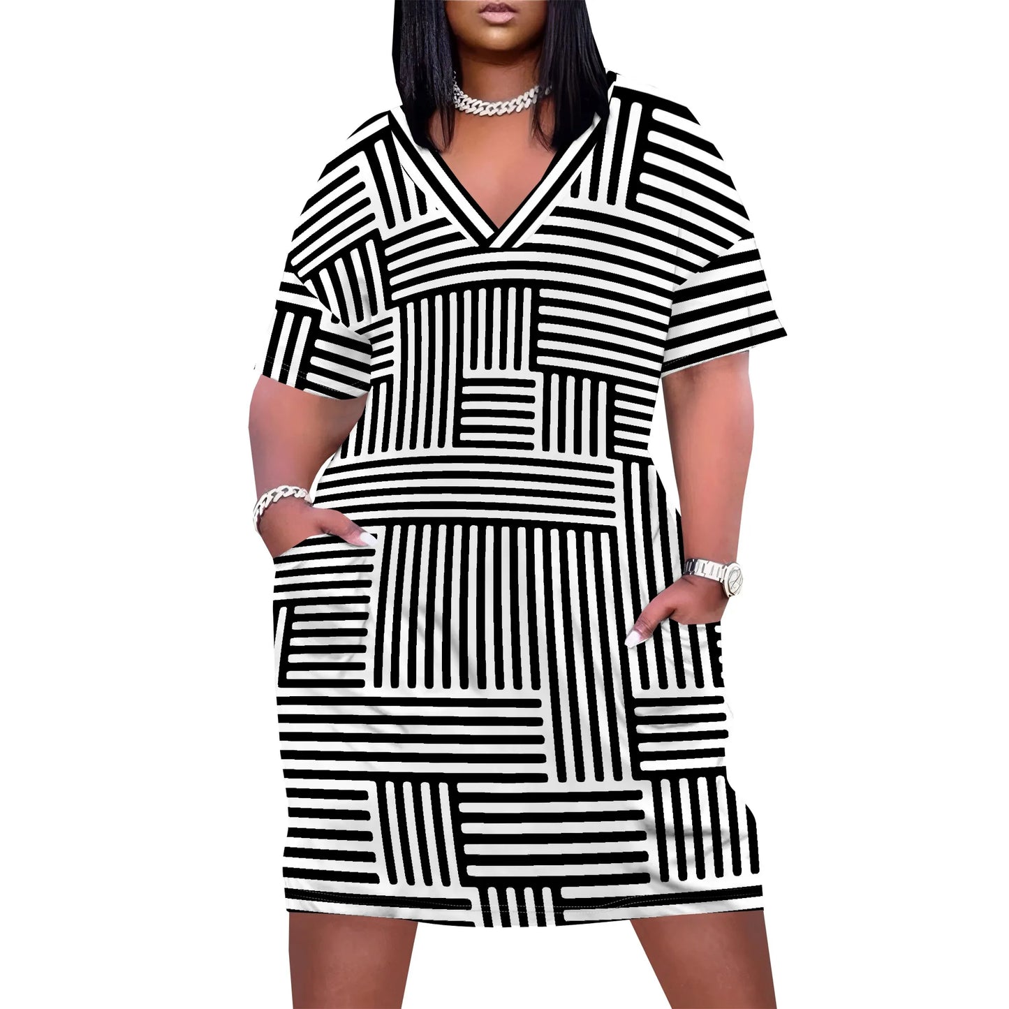 Plus Size Summer Dress for Curvy Women V Neck Short Sleeve Boho Beach T Shirt Dress