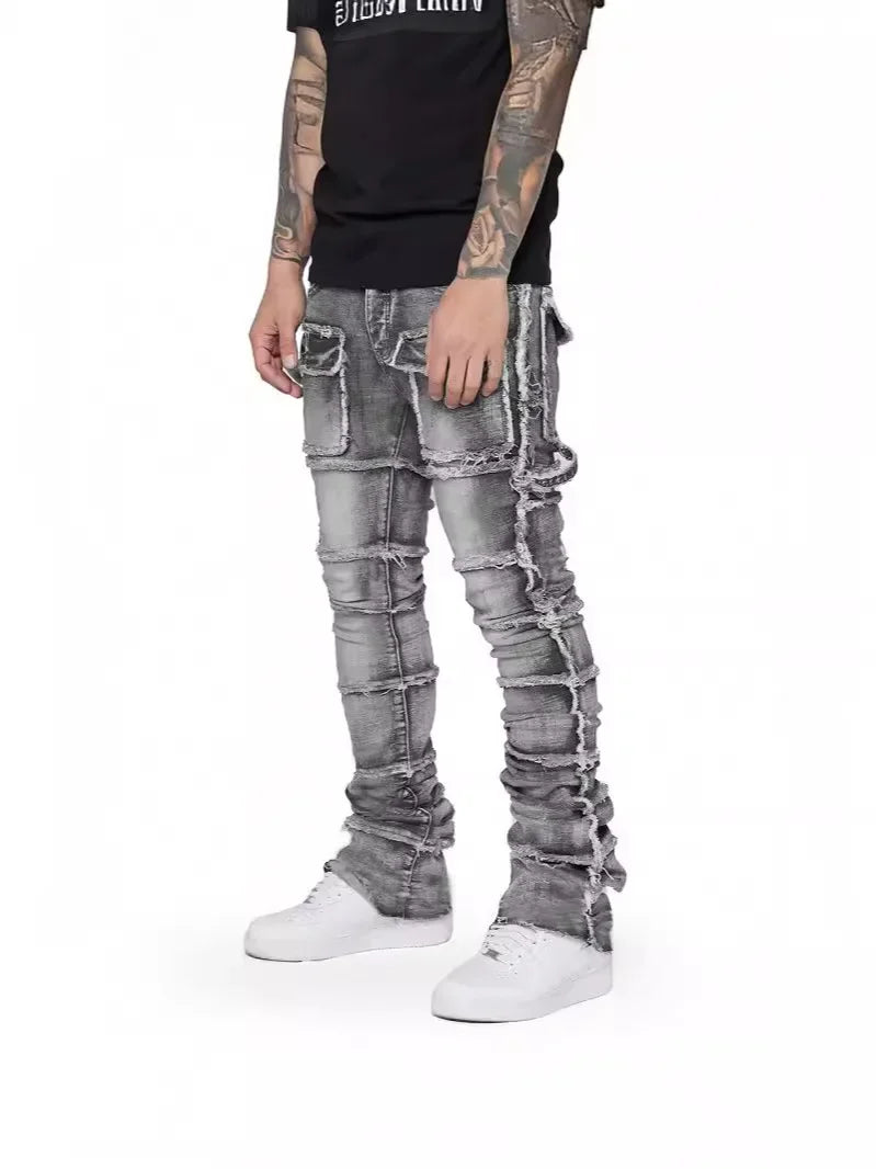 2025 New Stretchy Jeans Men Ripped Washed Y2k Pants Retro Cargo Straight Leg Male's Patched Denim Trousers