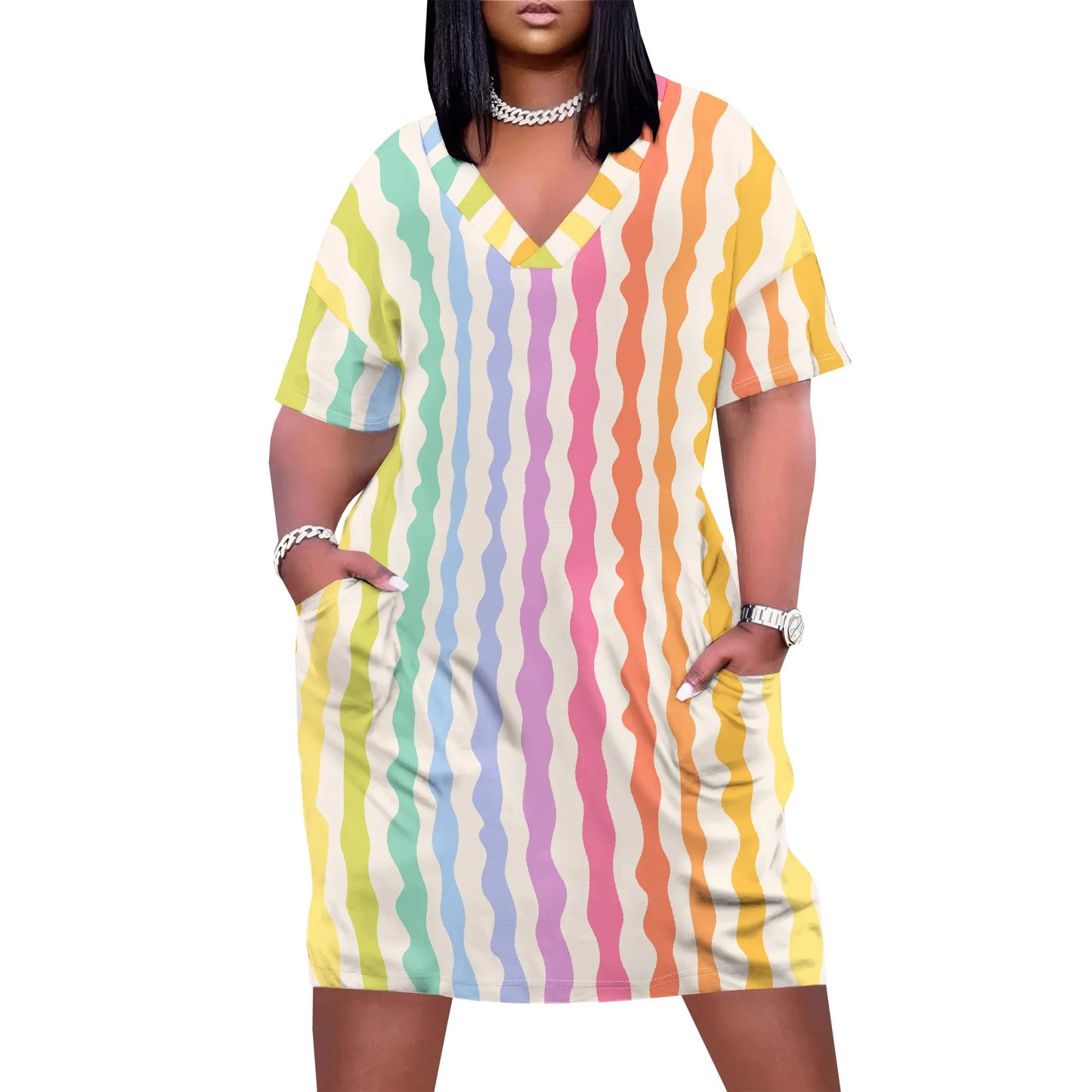 Plus Size Summer Dress for Curvy Women V Neck Short Sleeve Boho Beach T Shirt Dress