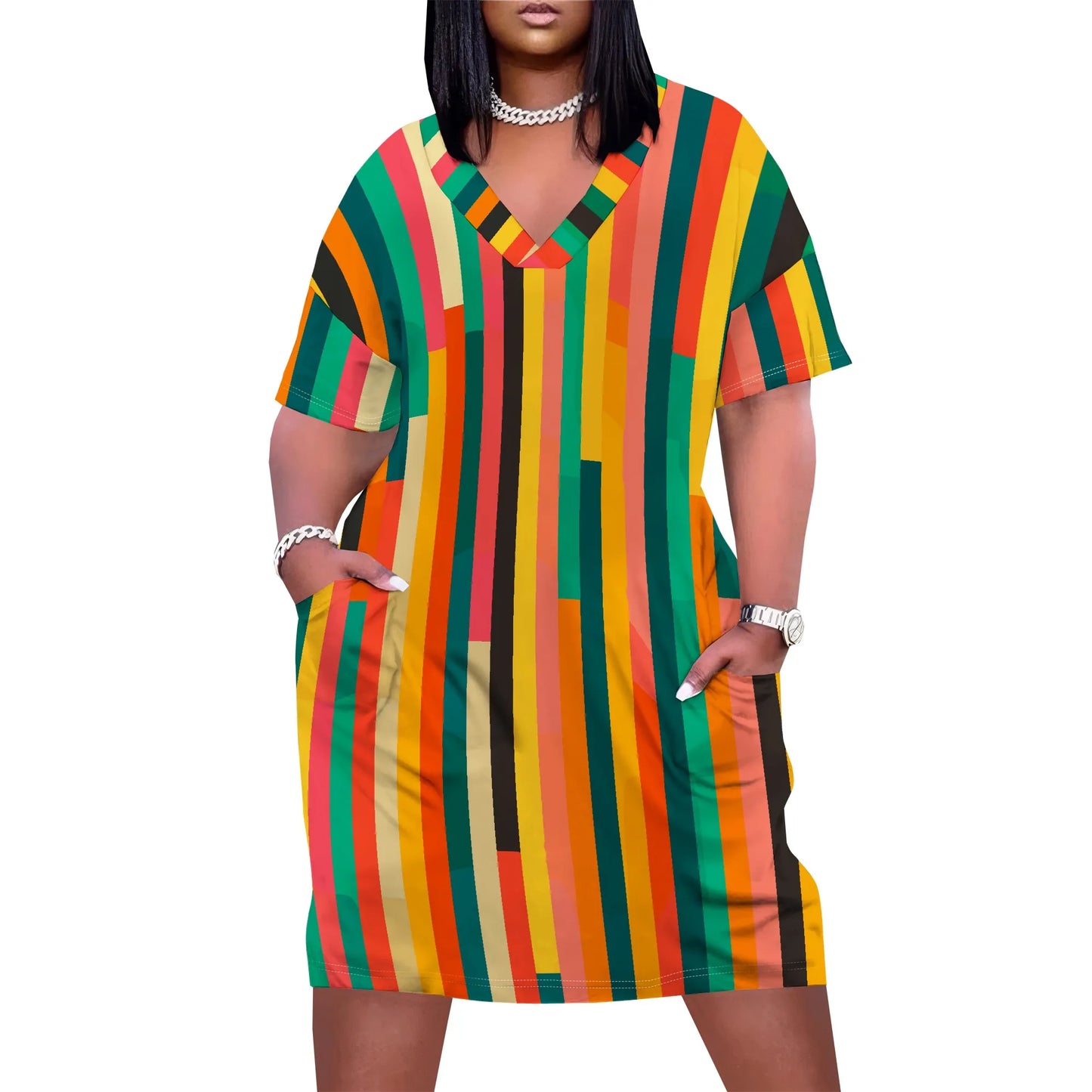 Plus Size Summer Dress for Curvy Women V Neck Short Sleeve Boho Beach T Shirt Dress
