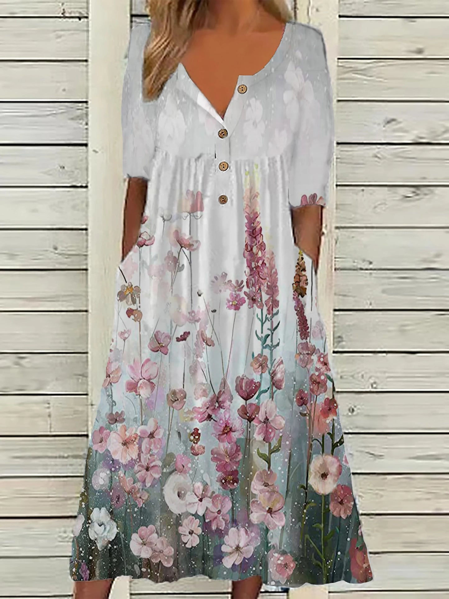 Europe and the United States Spring New Fashion Printed V-Neck Button Short Sleeve Plus Size Women's Size Women's Pocket
