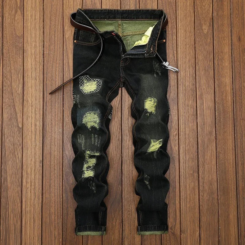 Men's Vintage Ripped Knee-Length Jeans Hip-Hop & Motorcycle Style