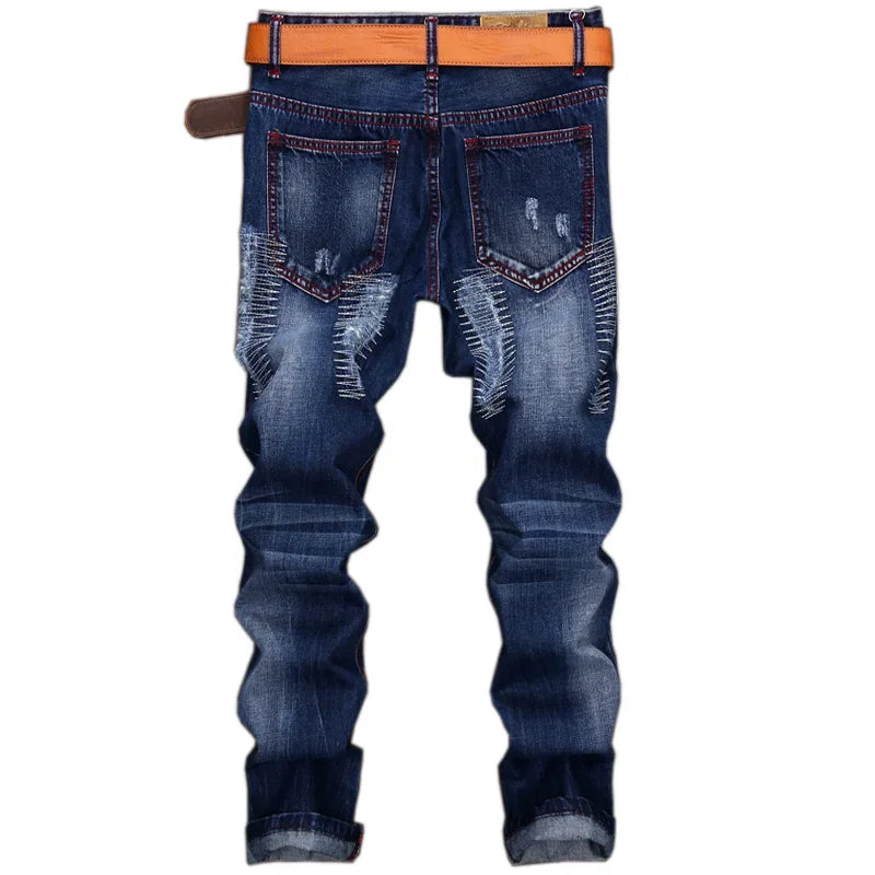 Men's Vintage Ripped Knee-Length Jeans Hip-Hop & Motorcycle Style
