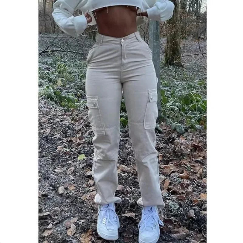 Multi Pocket Workwear Versatile Lifting Hip Long Jeans for Women