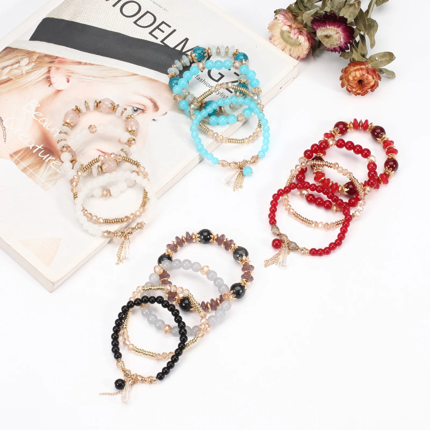 Women Multilayered Bracelet Pendant Charm Stretch Bangles