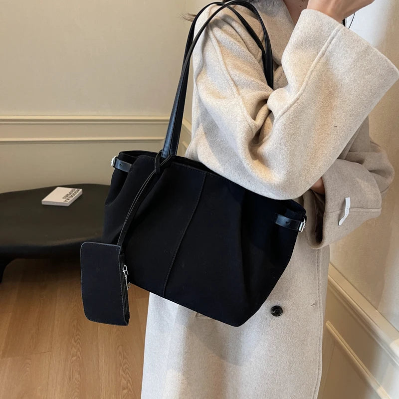 Women Suede Tote Bag with Inner Pocket Underarm Bag with Zipper Solid Color Satchel Bag for Work Travel