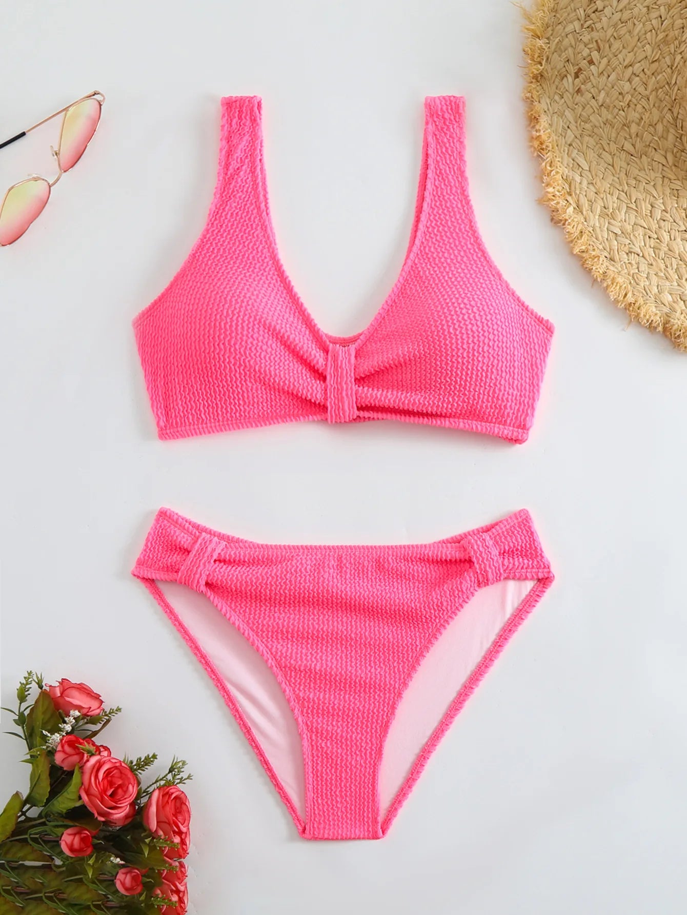 Women's 2PCS Swimsuit Solid Color High Waist Bikini Set V-Neck Backless Beachwear