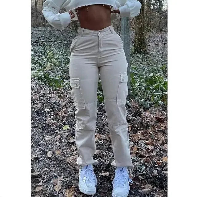 Multi Pocket Workwear Versatile Lifting Hip Long Jeans for Women
