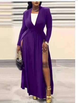 Plus Size Women Full Sleeve Evening Dresses Classic V-Neck Maxi Vestidos Night Club Split Party Long Dress