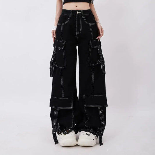 Y2K Red Gothic Hip-Hop Hole Vintage Jeans High Street Trend American Baggy Wash Overall Belt Splicing Woman Wide-leg Pants