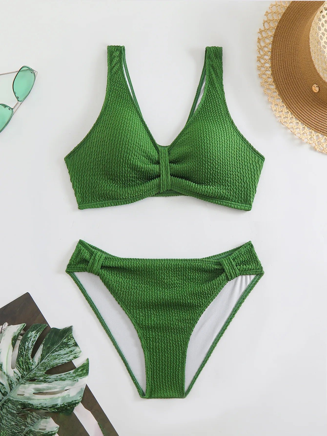 Women's 2PCS Swimsuit Solid Color High Waist Bikini Set V-Neck Backless Beachwear