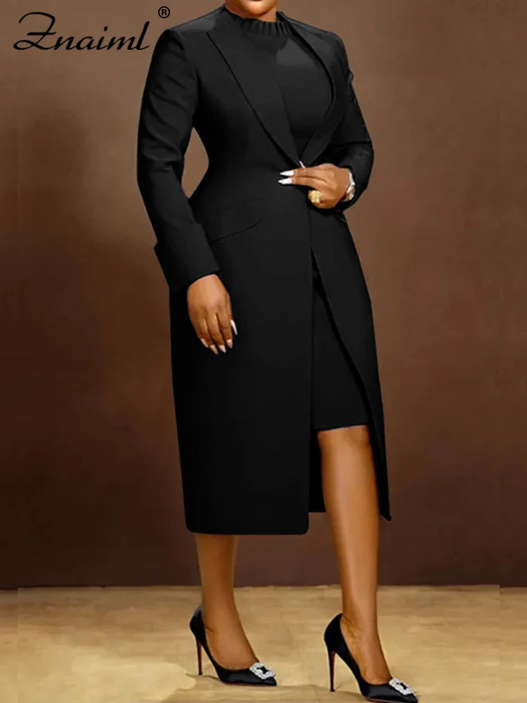 Elegant Lady Long Blazer with Dress 2PCS Office Fashionable Work Outfits