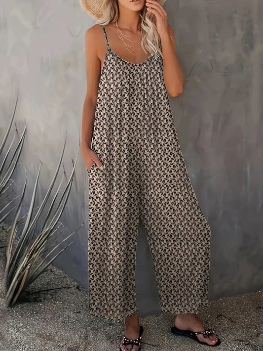 Plus Size Hot Selling European & American Summer Printed Casual Sleeveless Loose Leg Jumpsuit