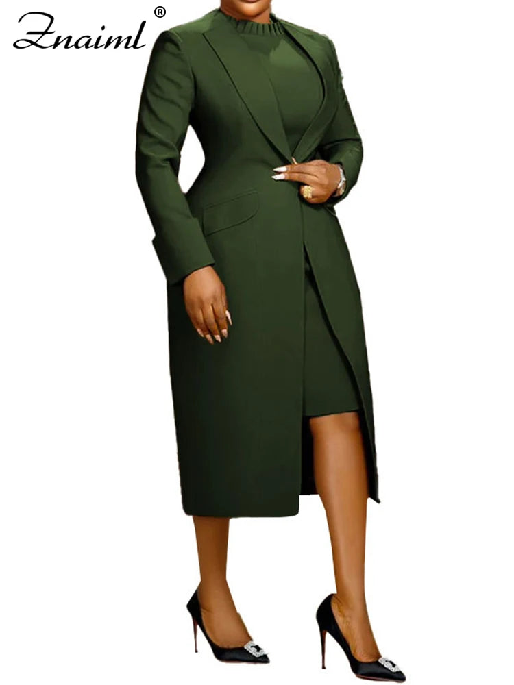 Elegant Lady Long Blazer with Dress 2PCS Office Fashionable Work Outfits