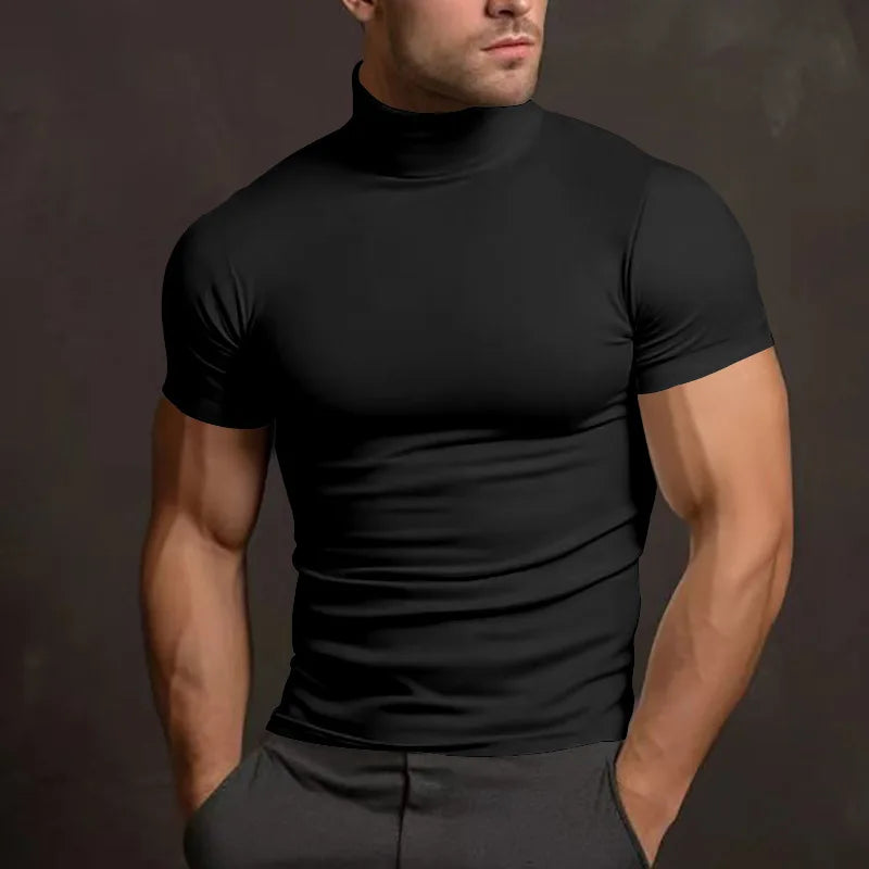 Cross-border Solid Color Short-Sleeved Fashion bottom Tight Turtleneck T-shirt