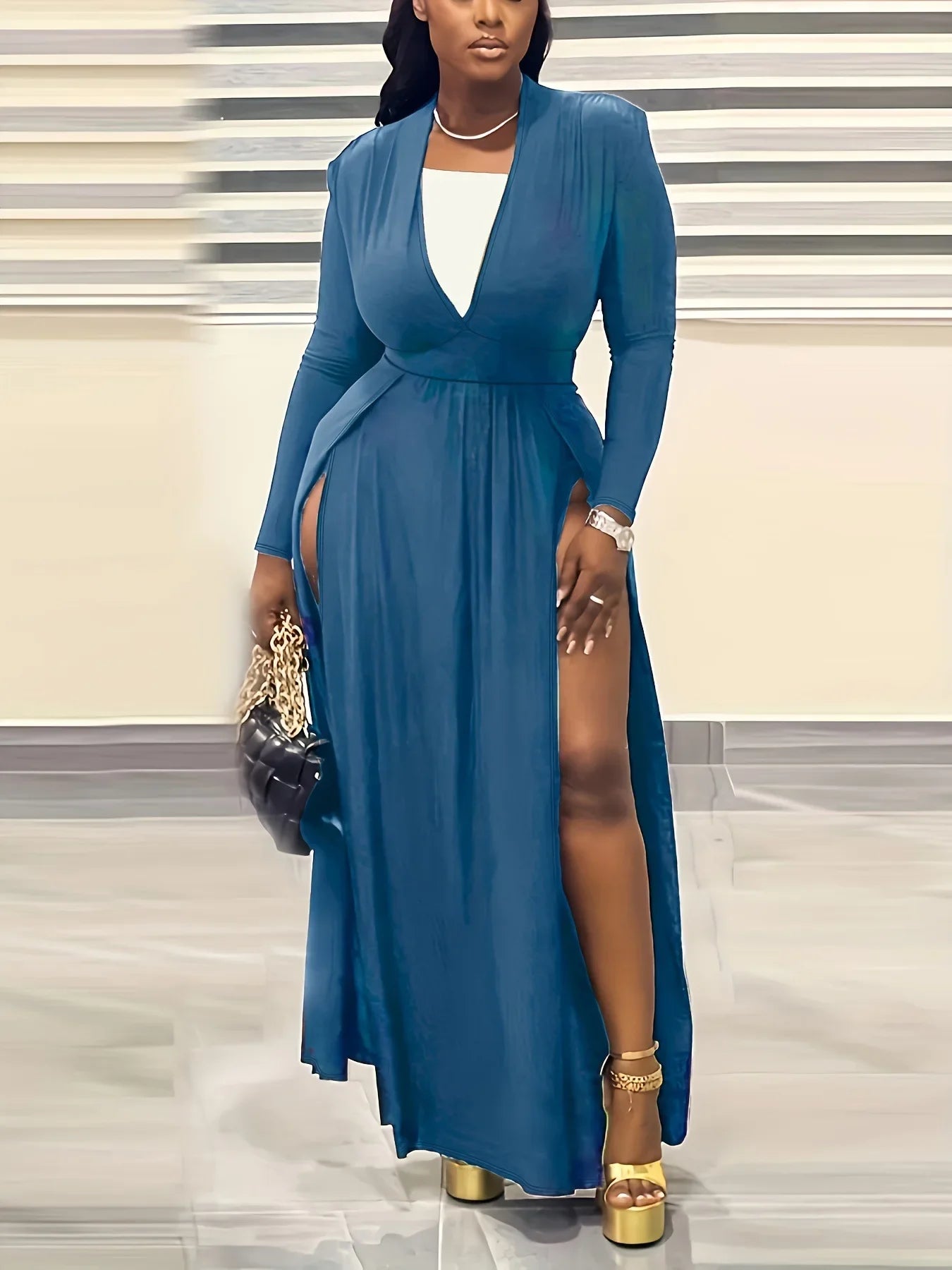 Plus Size Women Full Sleeve Evening Dresses Classic V-Neck Maxi Vestidos Night Club Split Party Long Dress