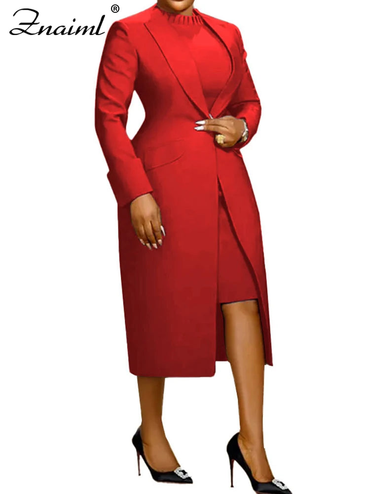 Elegant Lady Long Blazer with Dress 2PCS Office Fashionable Work Outfits