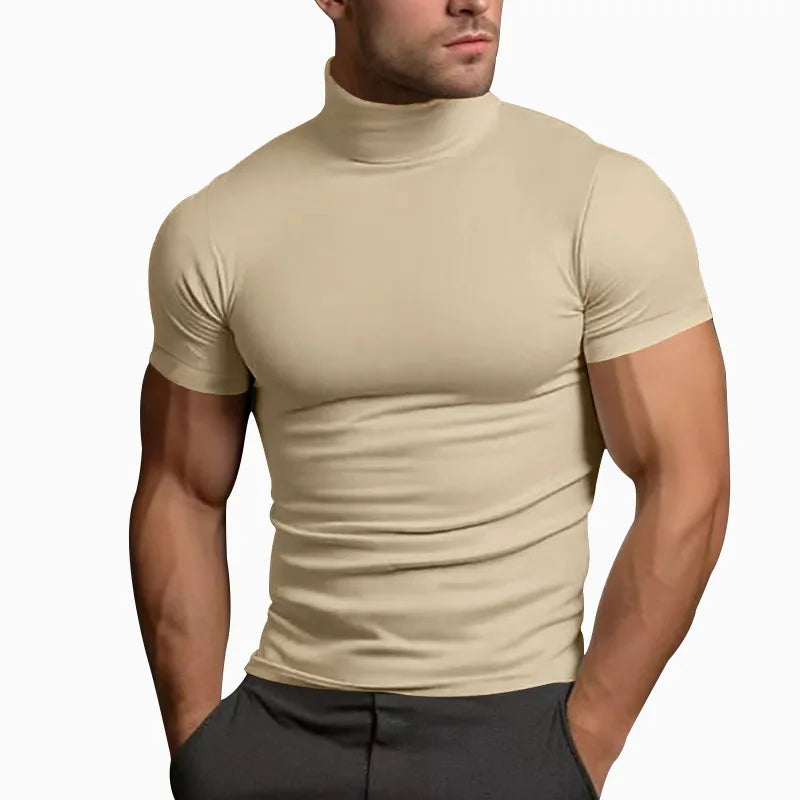 Cross-border Solid Color Short-Sleeved Fashion bottom Tight Turtleneck T-shirt