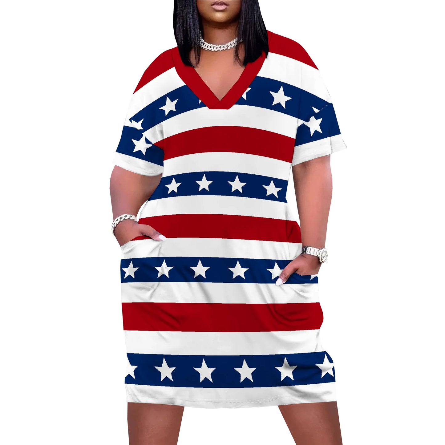 Plus Size Summer Dress for Curvy Women V Neck Short Sleeve Boho Beach T Shirt Dress