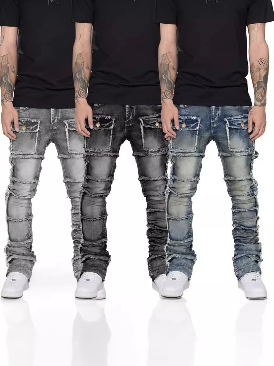 2025 New Stretchy Jeans Men Ripped Washed Y2k Pants Retro Cargo Straight Leg Male's Patched Denim Trousers