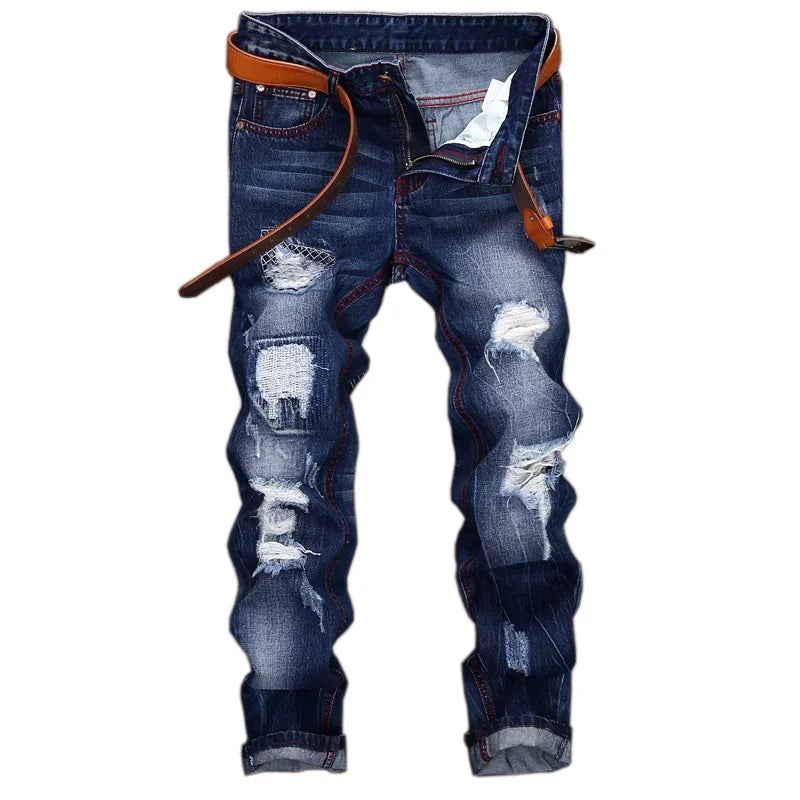 Men's Vintage Ripped Knee-Length Jeans Hip-Hop & Motorcycle Style