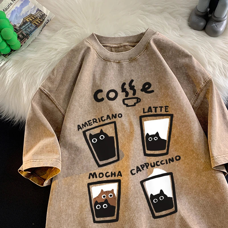 Retro Fashion Cat Cotton Loose Ft Couples Short Sleeve T-Shirt