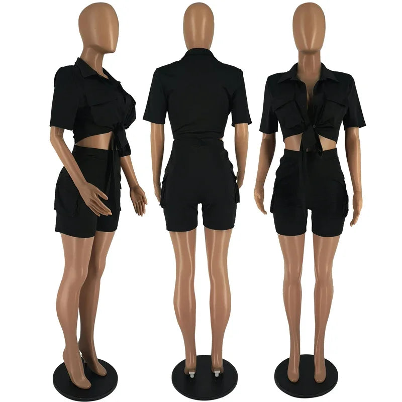 Women' Streetwear 2PCS Summer Outfit Pockets Short Sleeve Button-Up Shirt Top