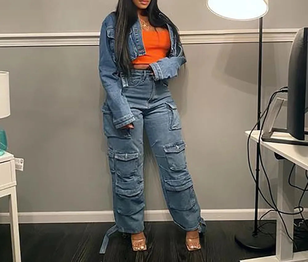 Europe and The United States High-Waisted Multi-Pocket Long Jeans, Women's Spring and Autumn New Trend Loose Splice Cargo Jeans