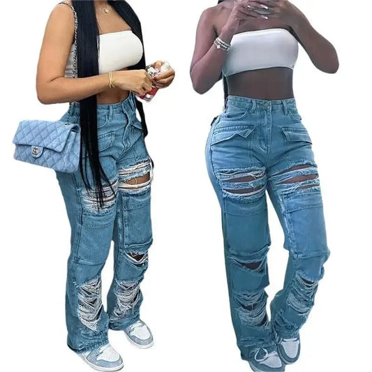 Trendy Patchwork Distressed Jeans High Street Style With Low-Waist Fit