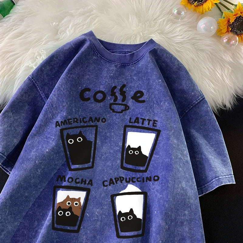 Retro Fashion Cat Cotton Loose Ft Couples Short Sleeve T-Shirt